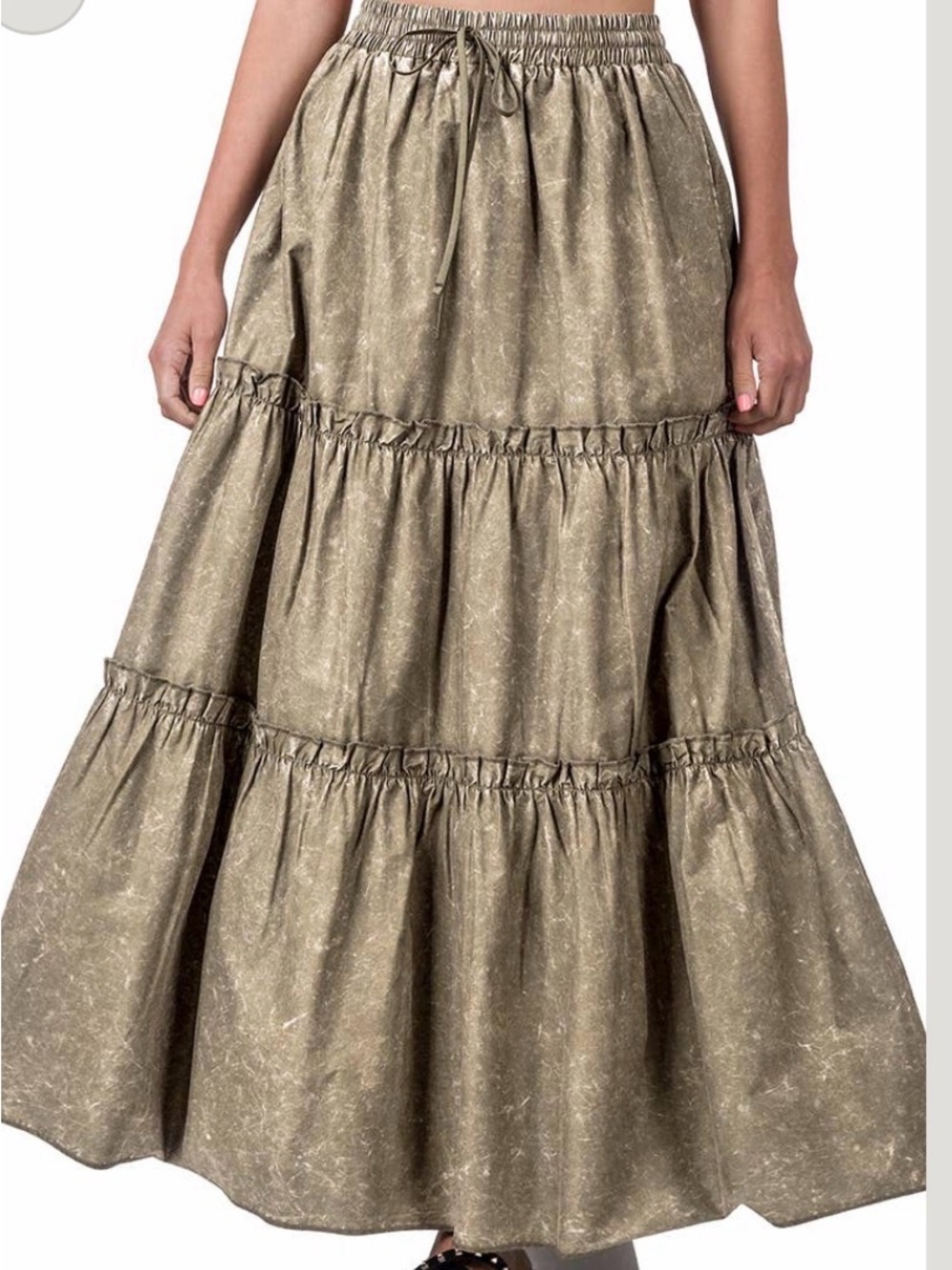 Zenana Outfitters Olive Tiered Maxi Skirt with Drawstring Waist EUC - Size - 1X